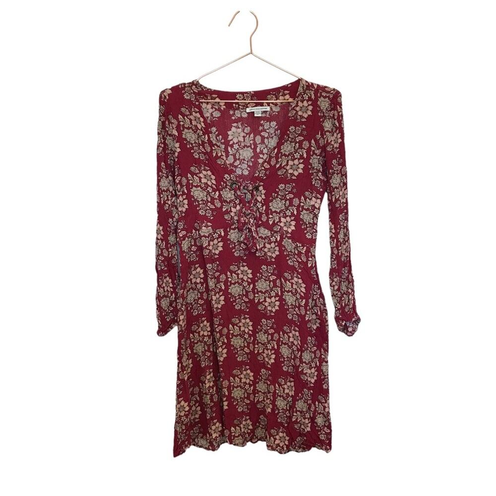 American Eagle cranberry floral long sleeve dress with tie front/keyhole medium